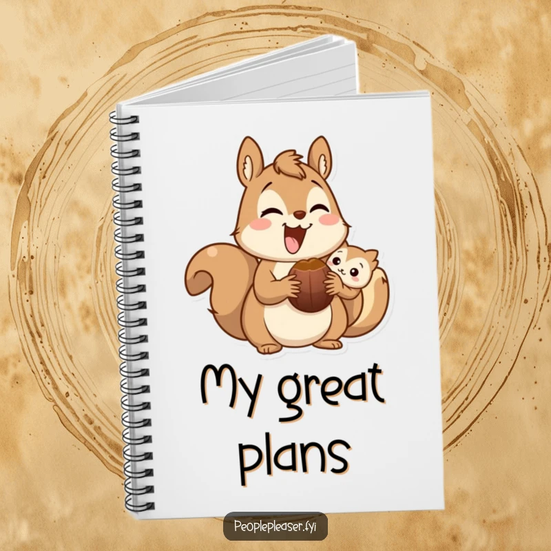 Funny squirrel notebook with a delighted character offering a nut, perfect for writing, drawing, and sharing ideas with a touch of humor.