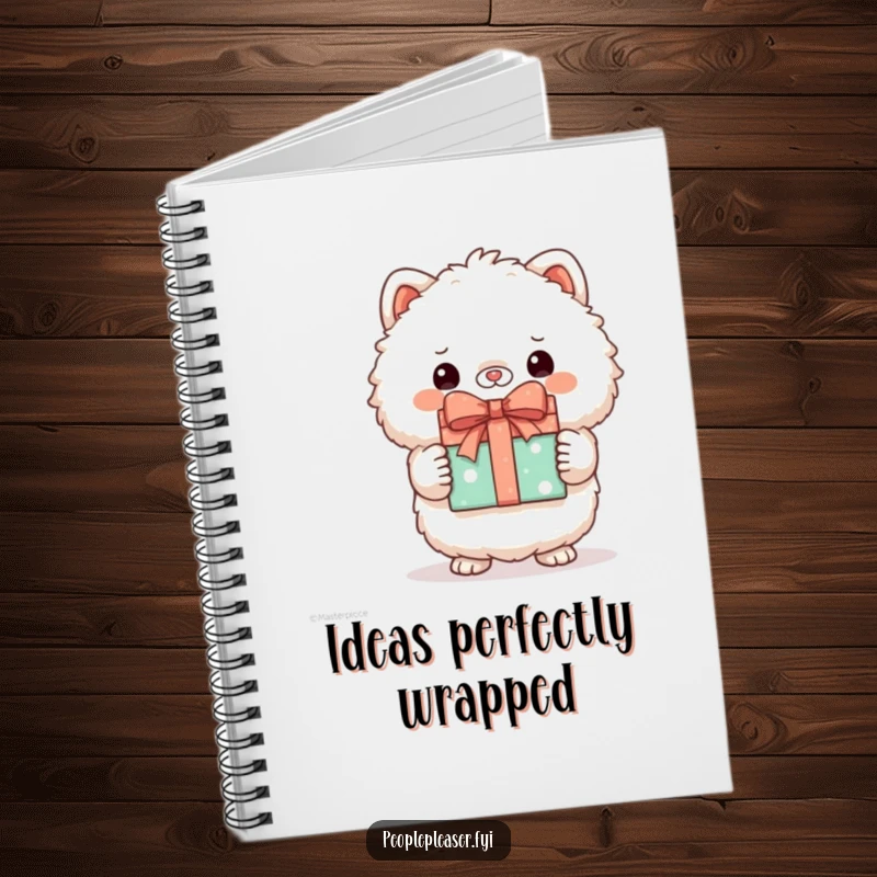 Funny notebook cover with a fluffy animal character proudly holding a wrapped gift, encouraging thoughtful planning.