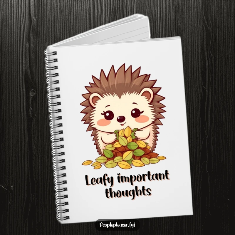 Funny notebook with a cover illustration of a proud hedgehog character showing off a neatly organized pile of leaves, ideal for notes.