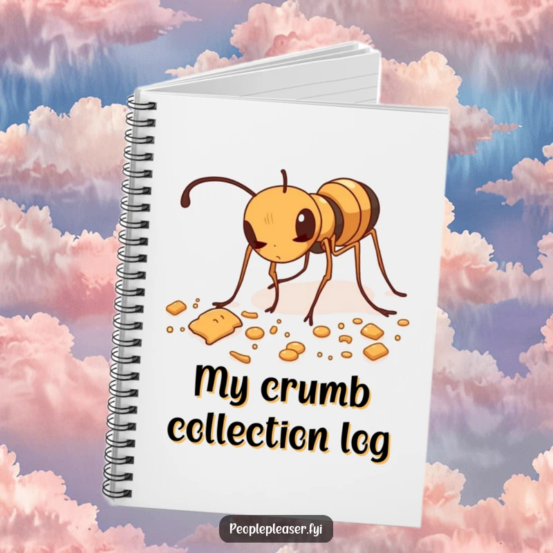 Funny notebook showing a diligent ant meticulously tidying up scattered crumbs, perfect for journaling.