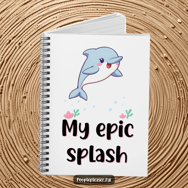 Funny Kawaii dolphin notebook cover, a playful dolphin leaping, inspiring creative writing and note-taking.
