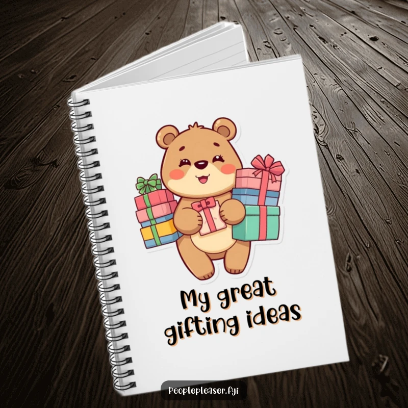 Funny Bear Notebook with a beaming bear character holding gifts, perfect for journaling and planning with a generous spirit.