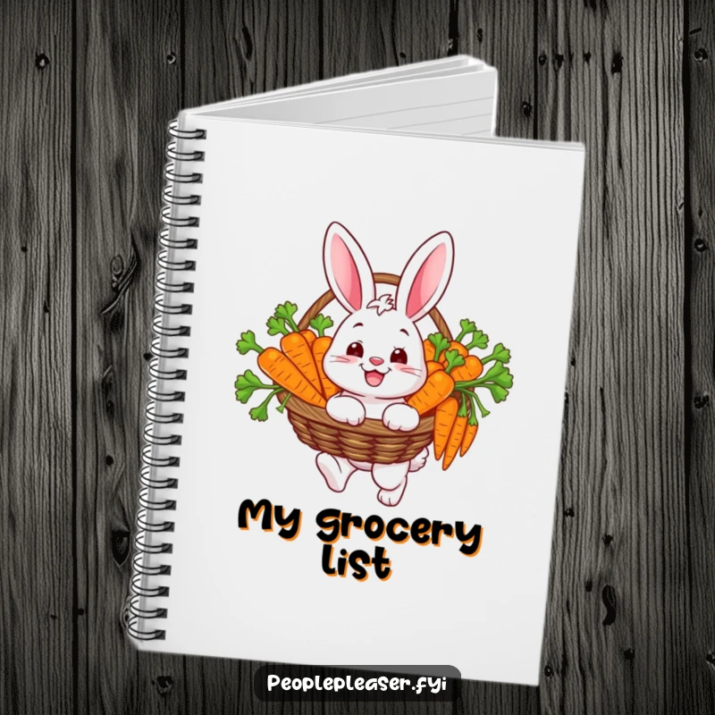 Funny notebook cover featuring a happy bunny character carrying a basket filled with carrots, ideal for journaling happy moments.