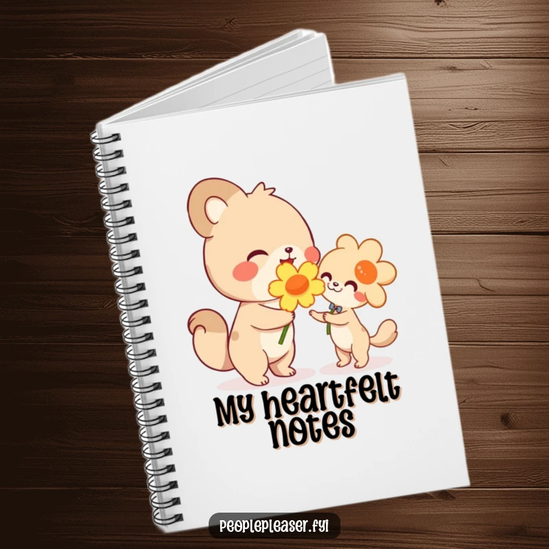 Funny notebook, cute animal character happily handing a large flower, symbolizing kindness and thoughtful planning with a humorous design.