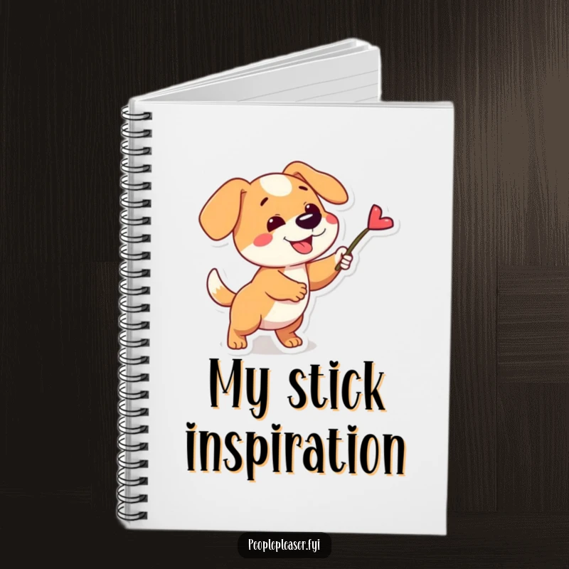 Funny notebook with a cover illustration of a playful dog character fetching a single, perfect stick, ideal for notes.