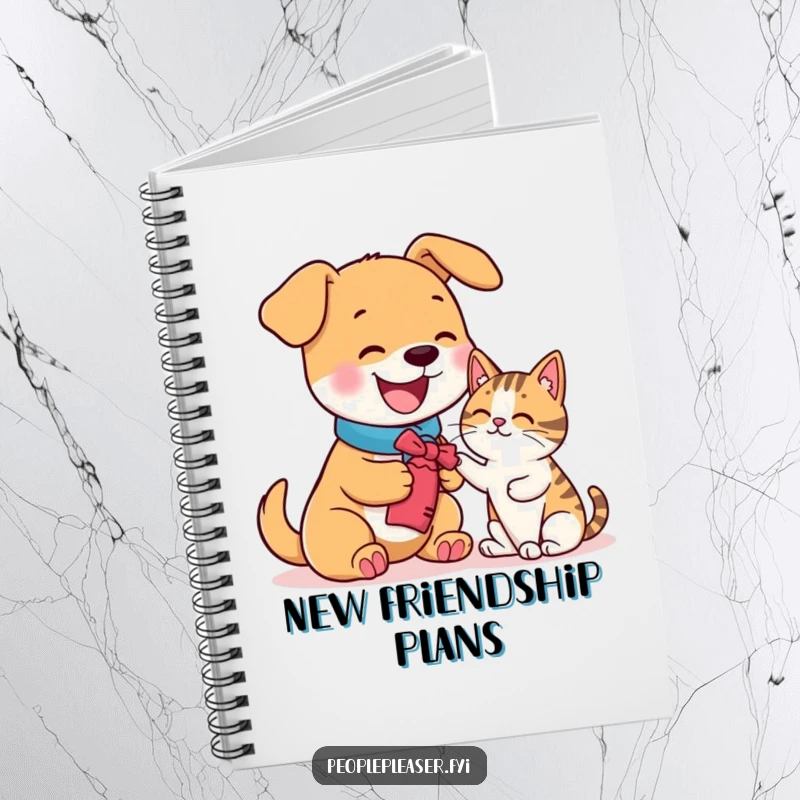 Funny notebook with a happy dog offering a toy to a cat, ideal for journaling.