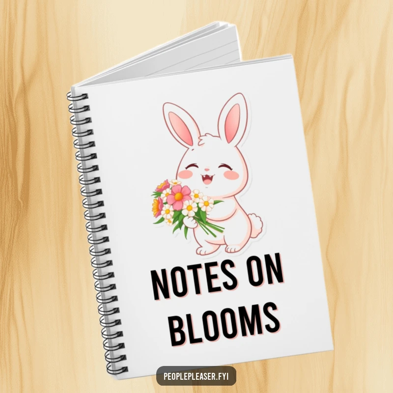 Funny notebook with a cheerful bunny character holding a bouquet of flowers, perfect for jotting down happy thoughts and plans.