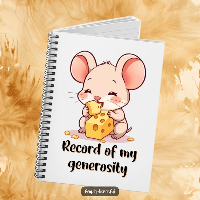 Funny notebook cover showing a sweet mouse character sharing its last crumb of cheese, ideal for journaling with a humorous and endearing touch.