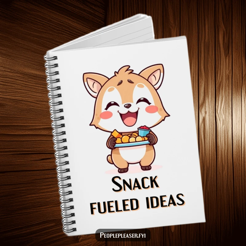 Funny notebook cover with a smiling animal character holding a tray of delicious snacks, perfect for jotting ideas.