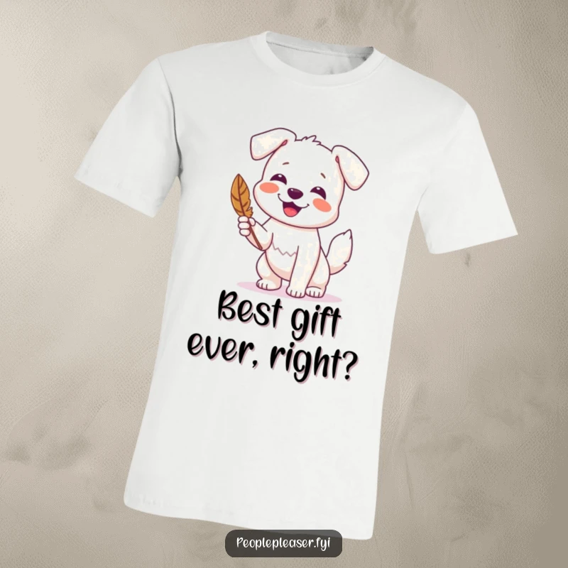 Funny t-shirt with a happy dog wagging its tail and proudly presenting a feather it found, full of energy.