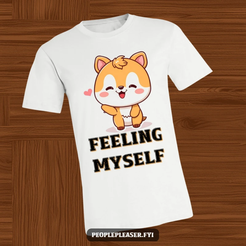 Funny T-Shirt of an animal character with a beaming smile, blushing slightly, clearly pleased by a received compliment, embodying joy.