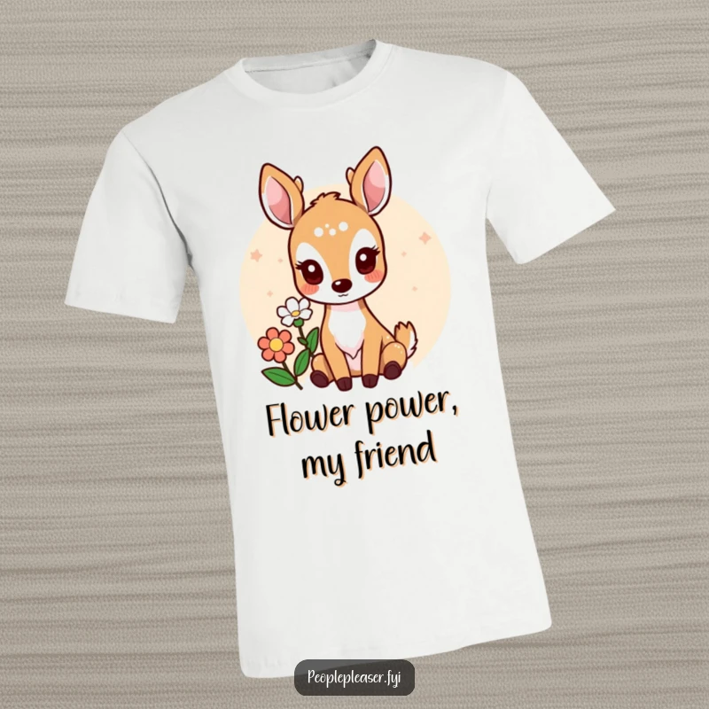 Funny T-Shirt with a cute deer character extending a blooming flower, symbolizing gentle affection and woodland charm.
