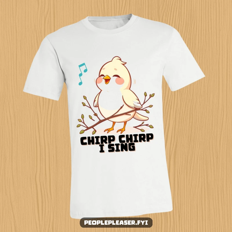 Funny cheerful bird singing a sweet melody and arranging tiny twigs on a t-shirt, ideal for music and nature fans.