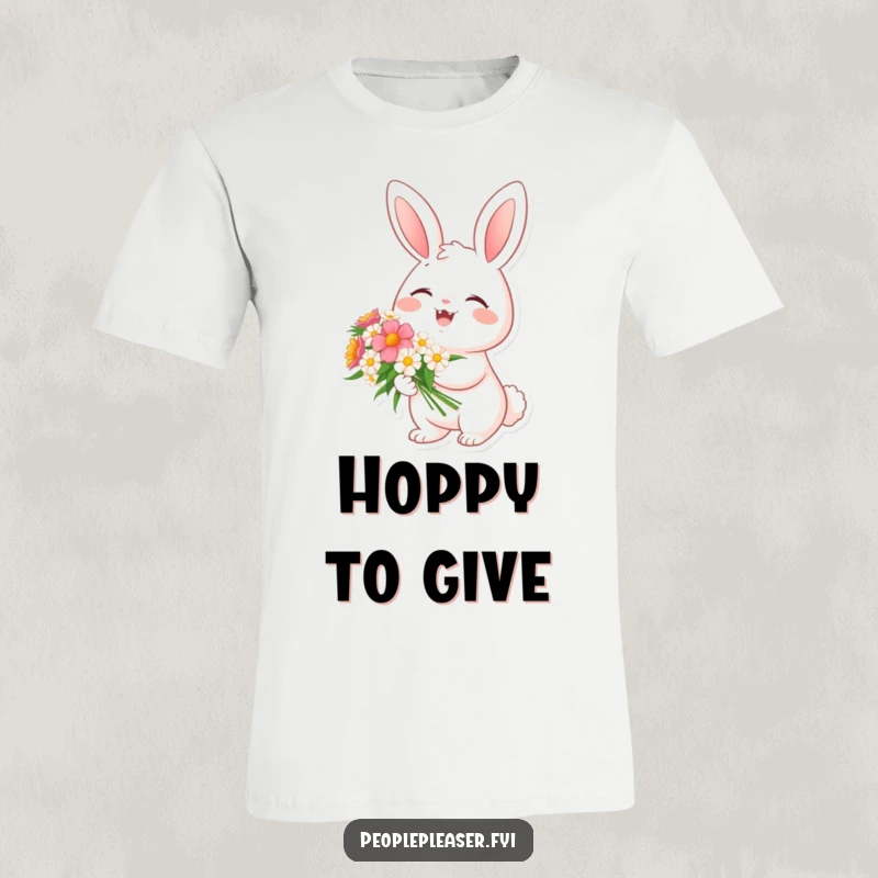 Funny t-shirt with a cheerful bunny character holding a bouquet of flowers, radiating happiness and spring delight.