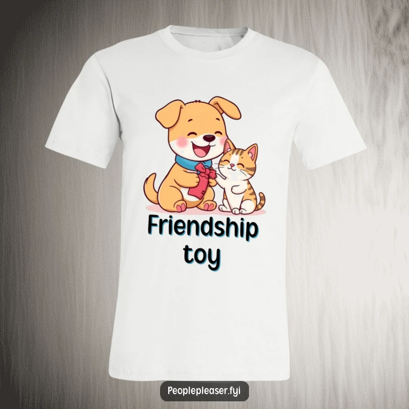 Funny T-shirt depicting a joyful dog offering a toy to a reserved cat, celebrating pet camaraderie.