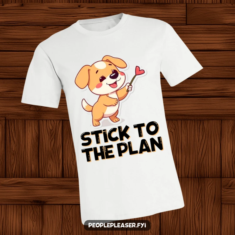 Funny t-shirt depicting a playful dog character fetching a single, perfect stick, showcasing energetic fun and loyalty.