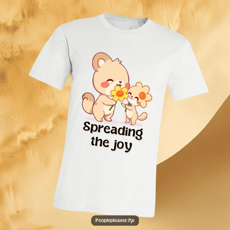 Funny t-shirt, cute animal character happily giving a large flower to another, representing kindness, sharing, and friendship humorously.