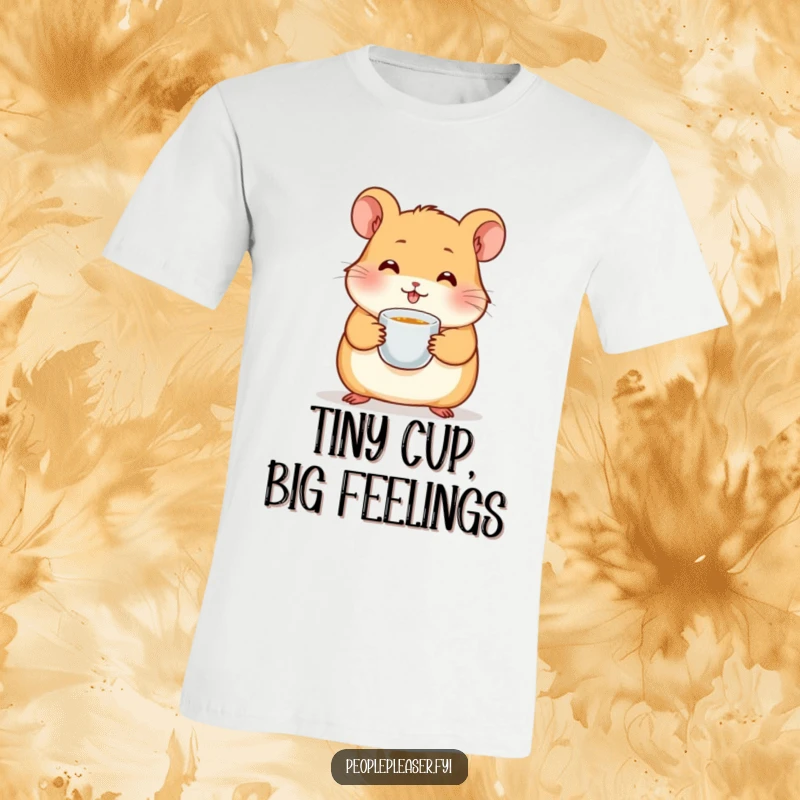 Funny hamster t-shirt showing a cute character holding a small teacup, perfect for tea aficionados who love humor and animals.
