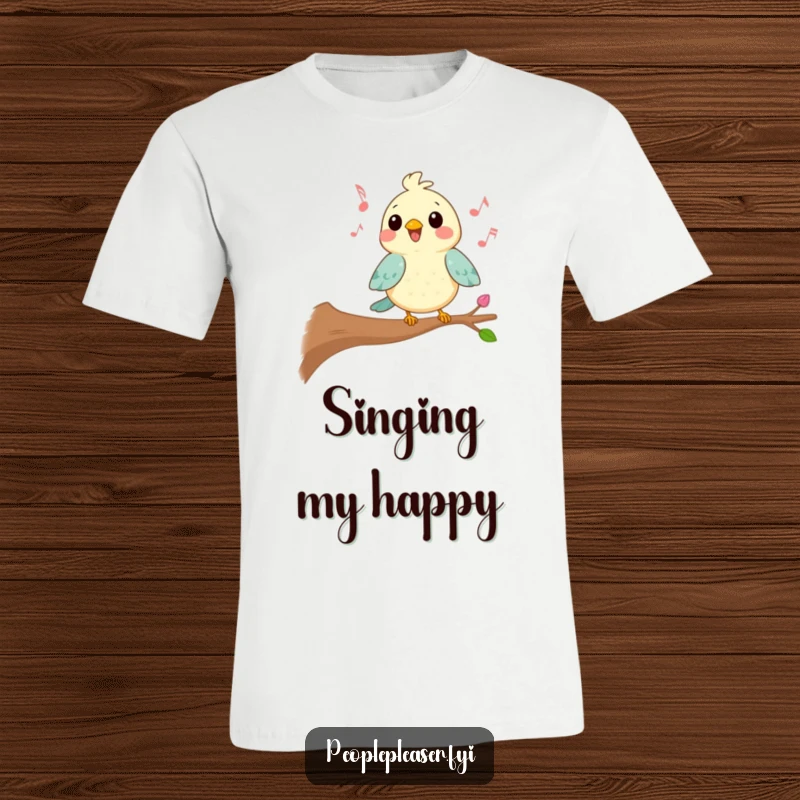 Funny Kawaii bird t-shirt featuring a character singing a cheerful tune from a branch, showcasing a happy and musical personality.