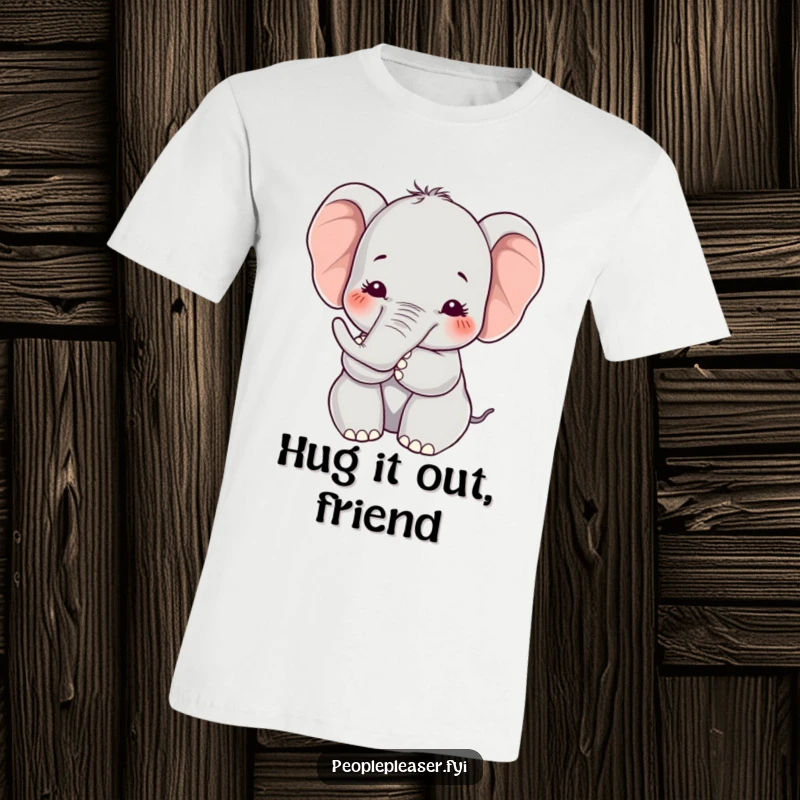 Funny Kawaii elephant t-shirt featuring a character offering a soft hug with its trunk, perfect for spreading warmth and kindness.