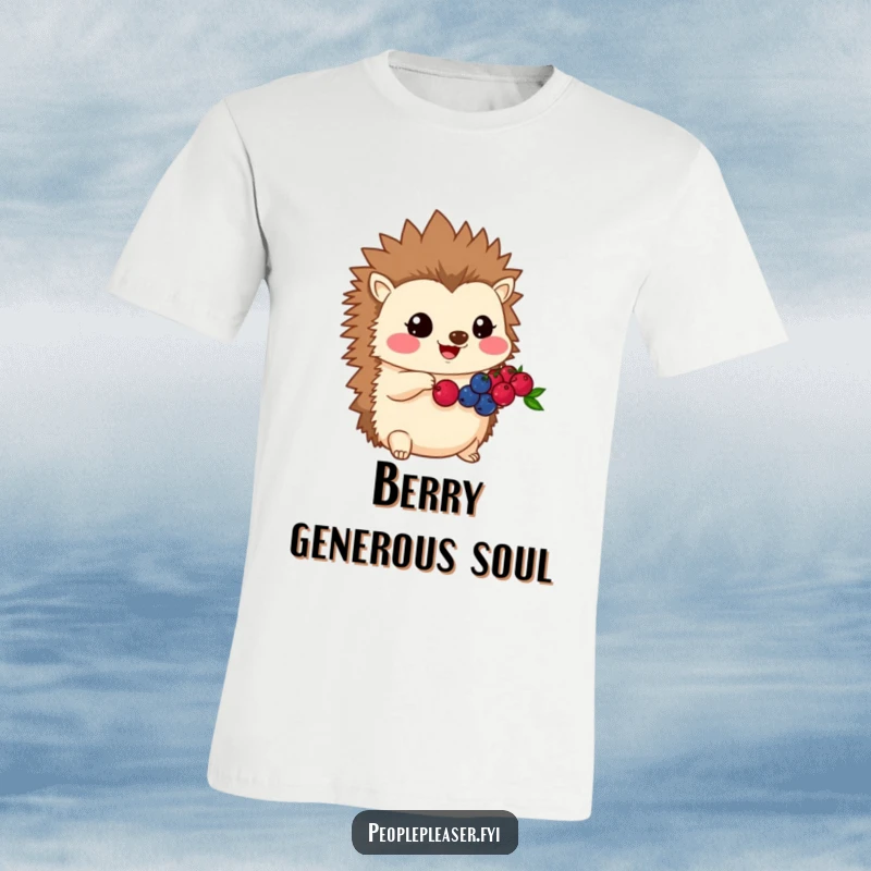 Funny Kawaii hedgehog t-shirt featuring a character sharing its berries, perfect for showcasing a helpful and generous personality.