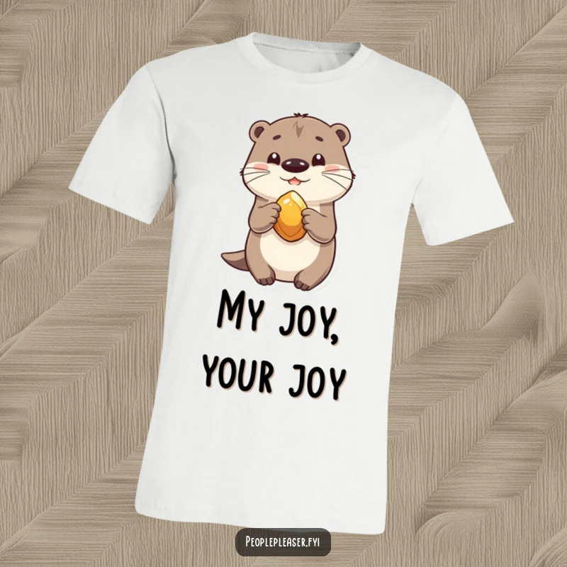 Funny t-shirt design of a cheerful otter offering a sparkling stone, highlighting the joy of sharing and friendship.
