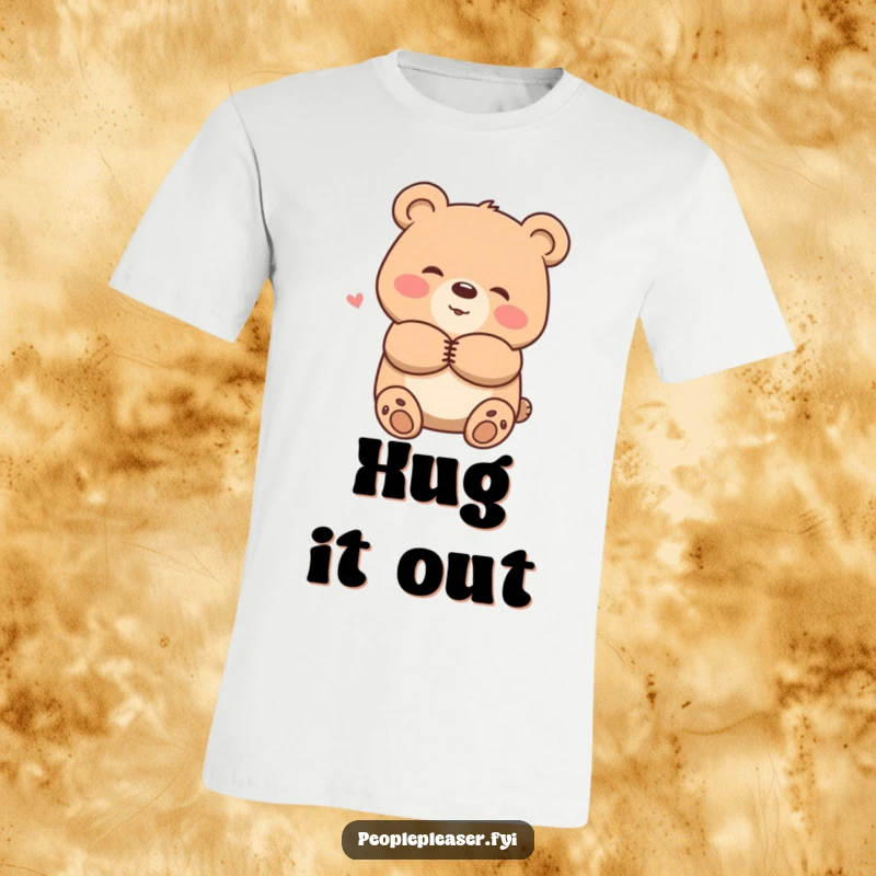 Funny t-shirt with a smiling bear character offering a warm hug, conveying comfort and friendship to the wearer.