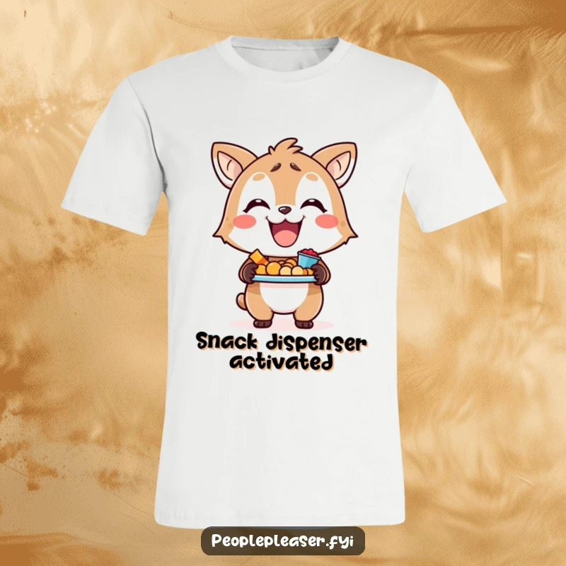 Funny t-shirt with a cheerful animal character smiling widely while presenting a bountiful tray of snacks.