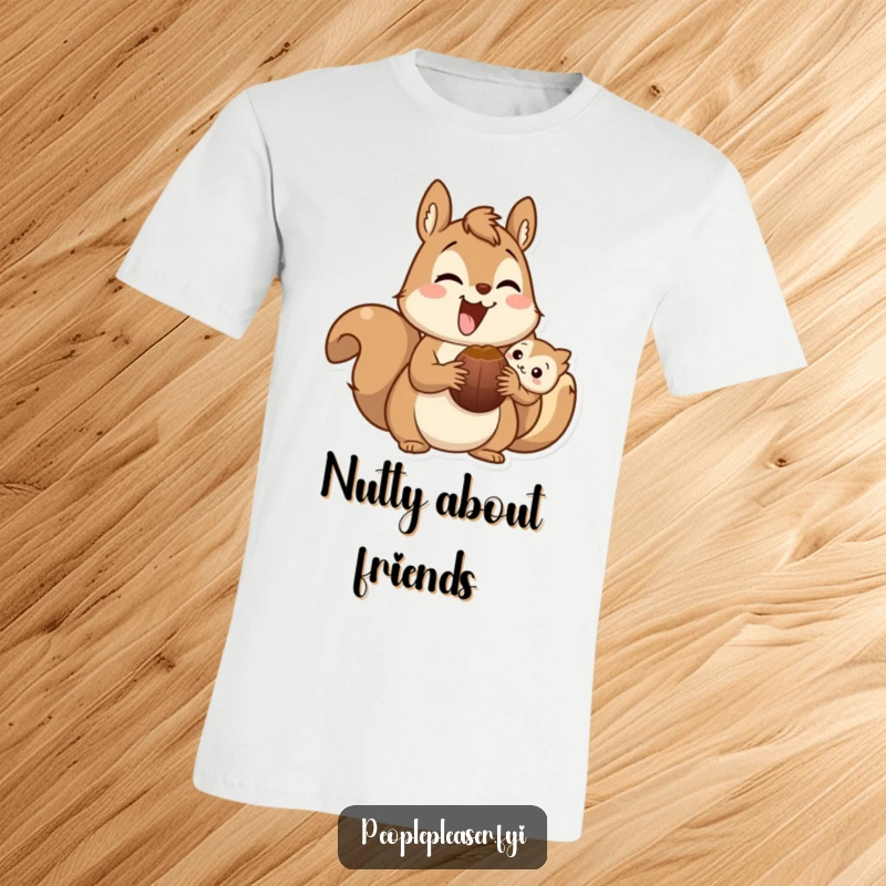 Funny squirrel t-shirt depicting a happy character offering a nut to a companion, celebrating camaraderie and humor.