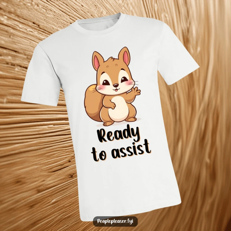 Funny T-shirt depicting a diligent squirrel character offering a helping paw, representing helpfulness and camaraderie.