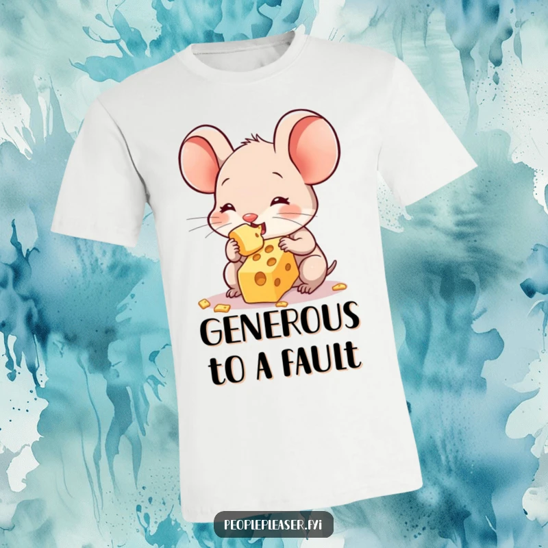 Funny t-shirt displaying a heartwarming scene of a cute mouse character sharing its final crumb of cheese, expressing generosity and humor.