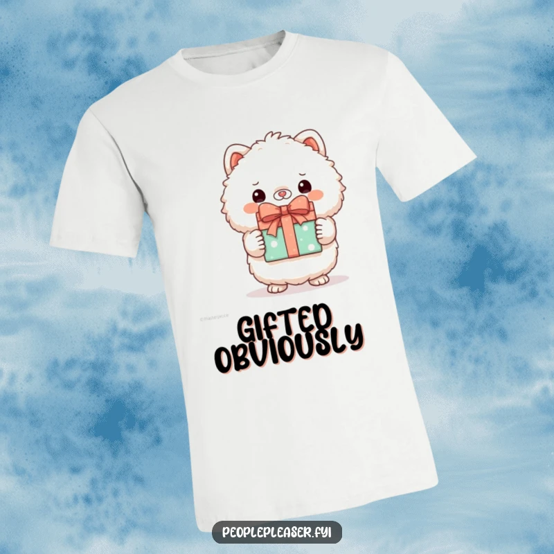 Funny t-shirt depicting a proud fluffy animal character displaying a perfectly tied gift, symbolizing celebration.