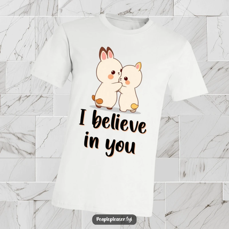 Funny t-shirt with a small animal friend giving a gentle encouraging pat on the back to another.