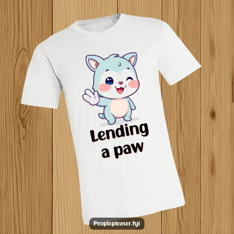 Funny smiling animal t-shirt, reaching out with a paw to assist, a humorous and supportive design.