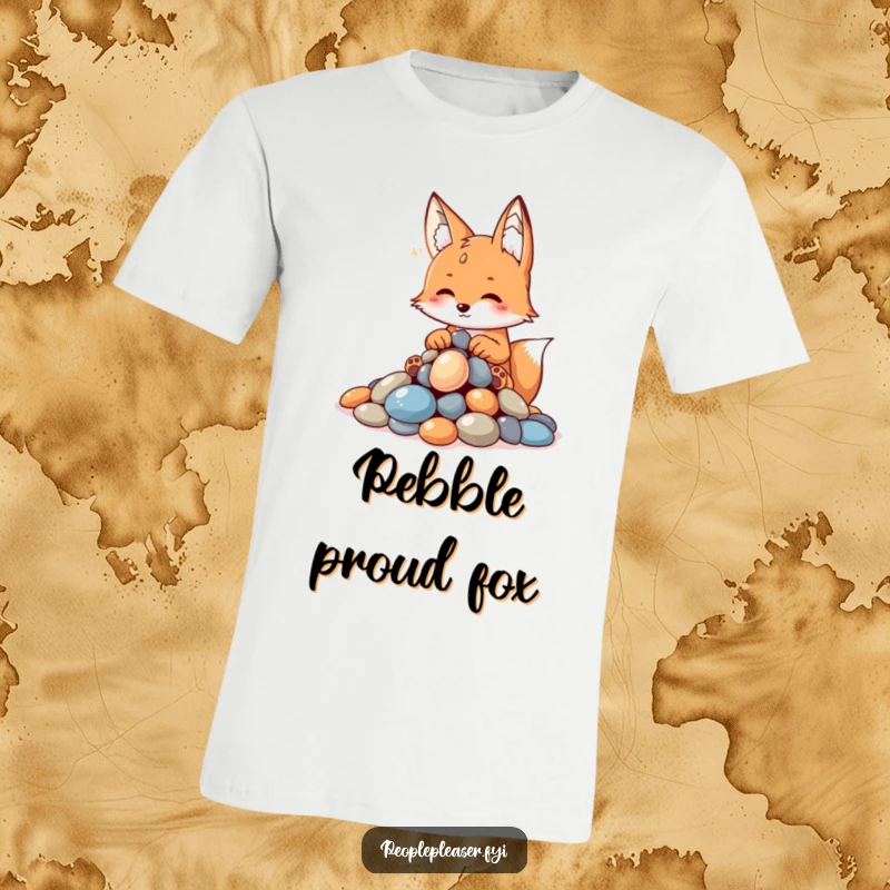 Funny fox t-shirt design, carefully arranging a pile of gleaming pebbles with a mischievous and proud grin, highlighting a clever collector.