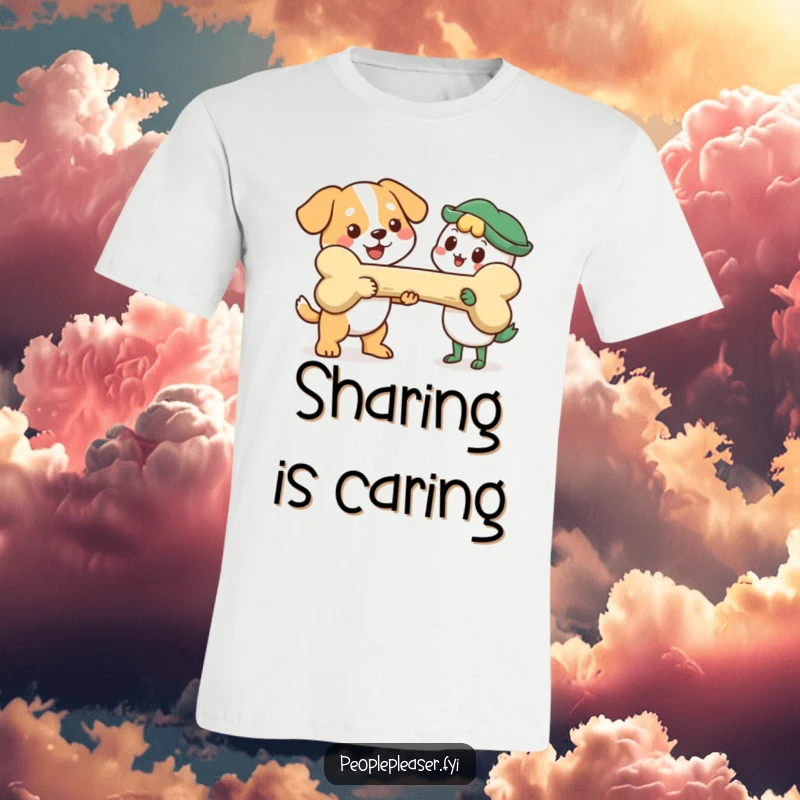 Funny T-Shirt: A cheerful dog character generously offering a huge bone to another, embodying a funny, giving spirit.
