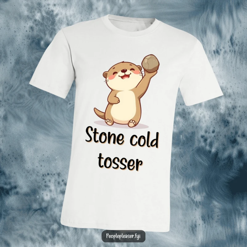 Funny t-shirt showcasing a delighted otter character gleefully tossing a smooth stone, embodying carefree fun and lightheartedness.