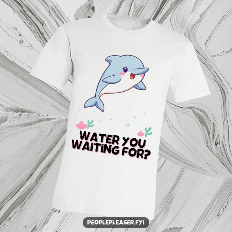 Funny Kawaii dolphin t-shirt featuring a happy dolphin mid-leap, inviting others to join its playful aquatic adventure.