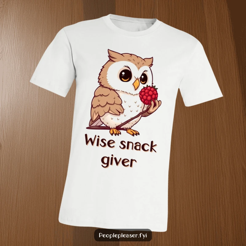 Funny t-shirt with a curious owl offering a polished berry, symbolizing thoughtful sharing and woodland charm.