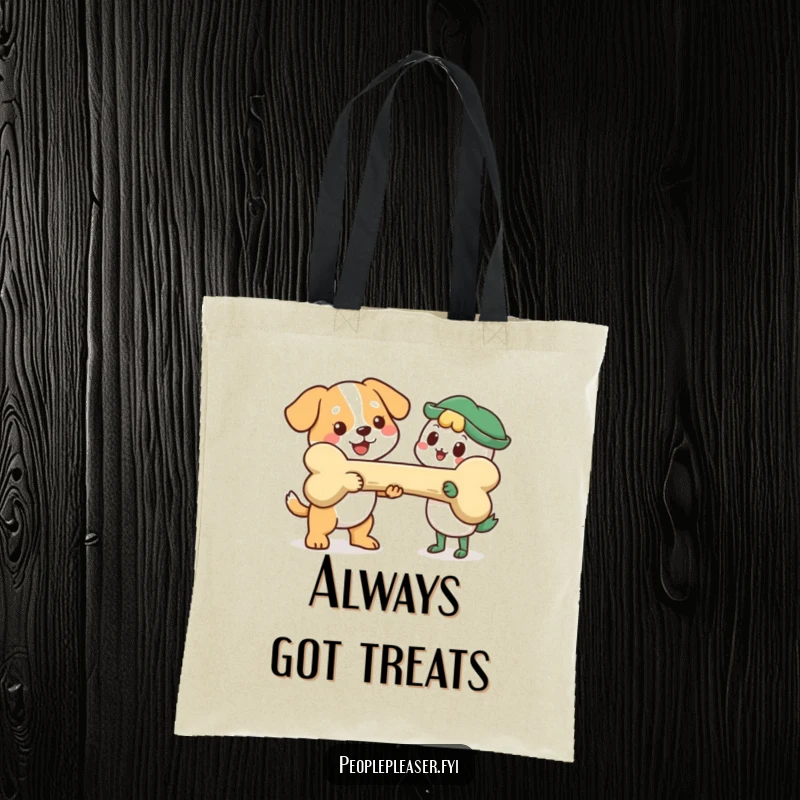 Funny Tote Bag: Cheerful dog character presenting a giant bone, a humorous and practical accessory for everyday use.
