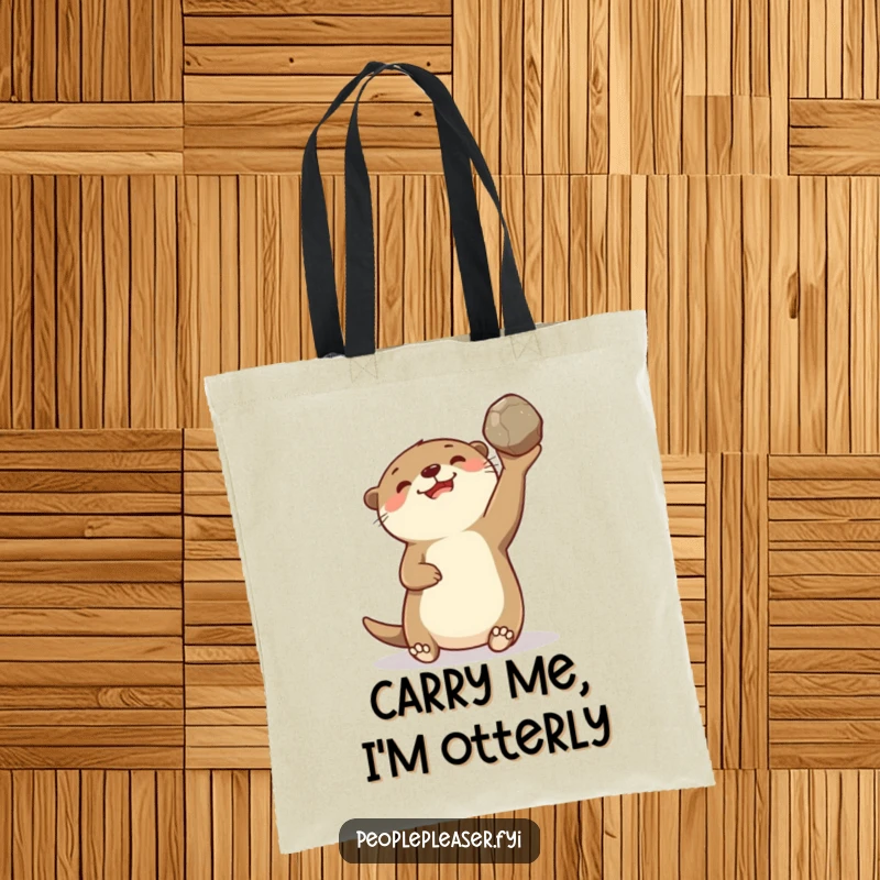 Funny tote bag depicting a delighted otter character gleefully tossing a smooth stone, perfect for shopping and everyday humorous use.