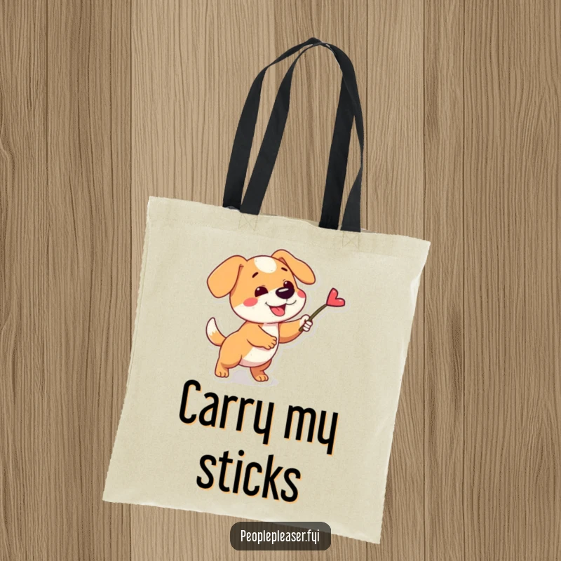 Funny tote bag showcasing a playful dog character fetching a single, perfect stick, ideal for carrying essentials with a fun twist.