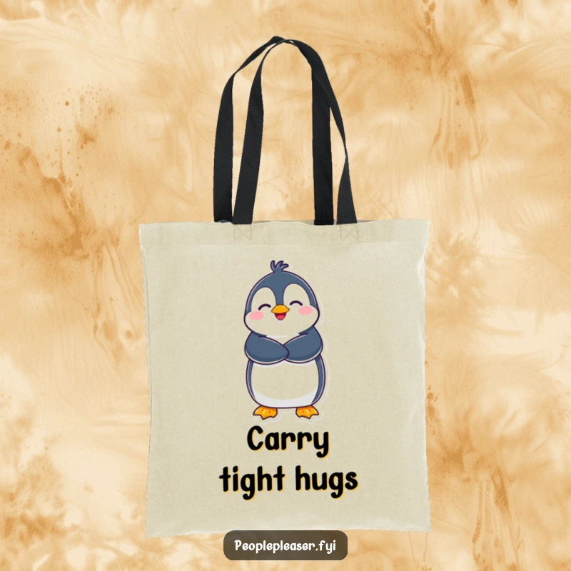 Funny Penguin Tote Bag: A delighted penguin character offers a warm hug, looking friendly and inviting. Ideal funny gift!