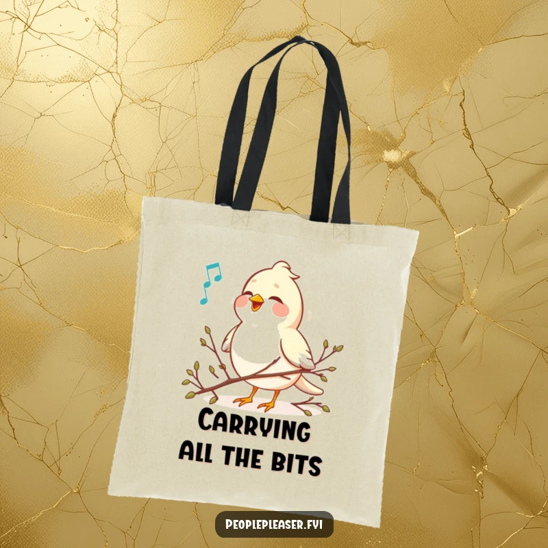 Funny cheerful bird singing a melody and arranging tiny twigs on a tote bag, great for shoppers and bird enthusiasts.