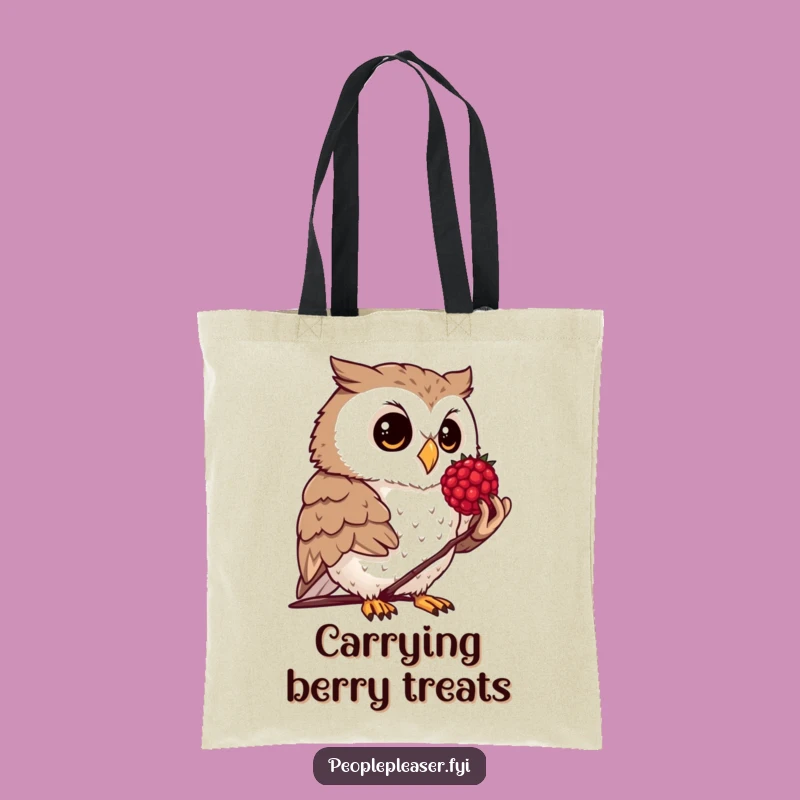 Funny Owl Berry Tote Bag: Cute owl holding a berry, a funny gift for thoughtful people.