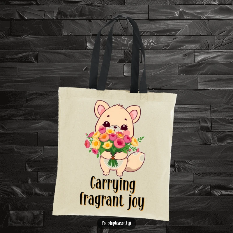Funny cute animal tote bag, offering a gigantic bouquet with a loving expression, a humorous and practical accessory.