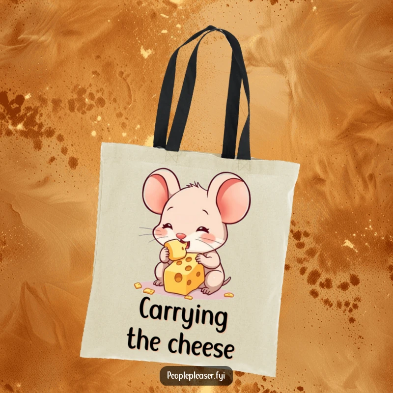 Funny tote bag illustration of a sweet mouse character willingly sharing its final crumb of cheese, a symbol of generosity and lighthearted fun.