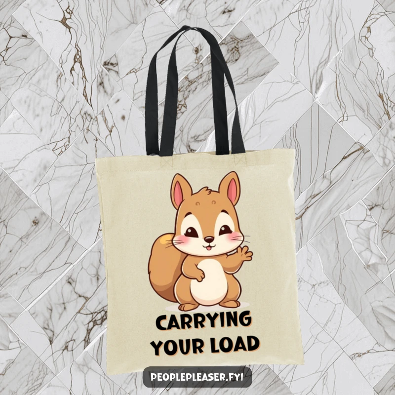 Funny tote bag showing a diligent squirrel character offering a helping paw, perfect for carrying life's necessities.