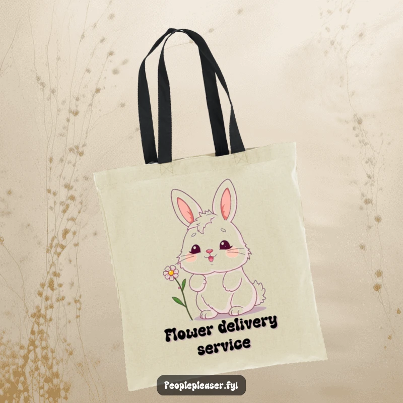 Funny bunny tote bag, enthusiastically offering a small flower, symbolizing kindness, generosity, and a cheerful disposition.