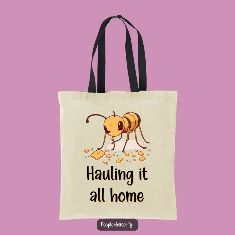 Funny Ant Tidying Tote Bag: Cute ant carrying crumbs, a funny gift for organizers.
